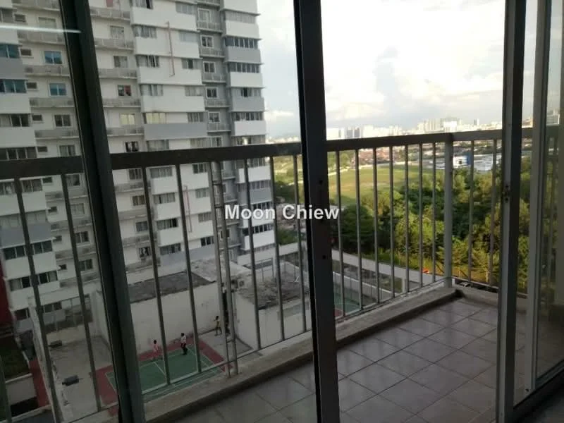Room features: glass sliding door, balcony railing, tile flooring, city view, outdoor space; view: city.