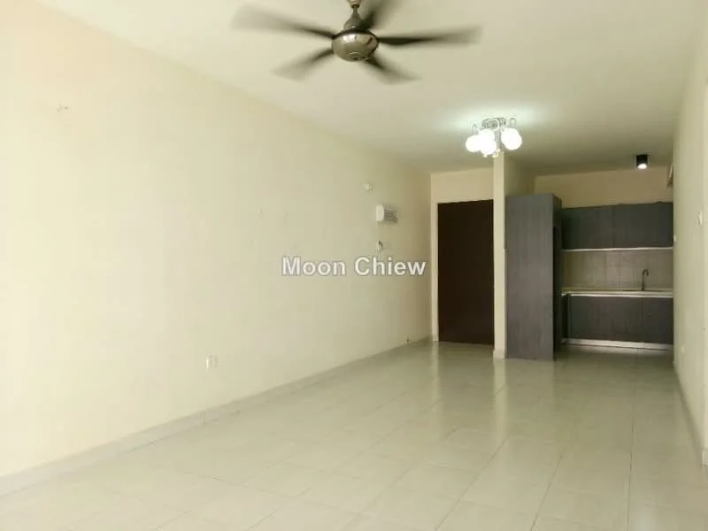 Living features: white painted walls, polished tile flooring, 5-blade ceiling fan, recessed downlights, wall-mounted air conditioning unit, doorway leading to kitchen, two pendant lights, open layout. Kitchen features: grey cabinetry, stainless-steel sink, countertop, kitchen backsplash, built-in kitchen appliances.