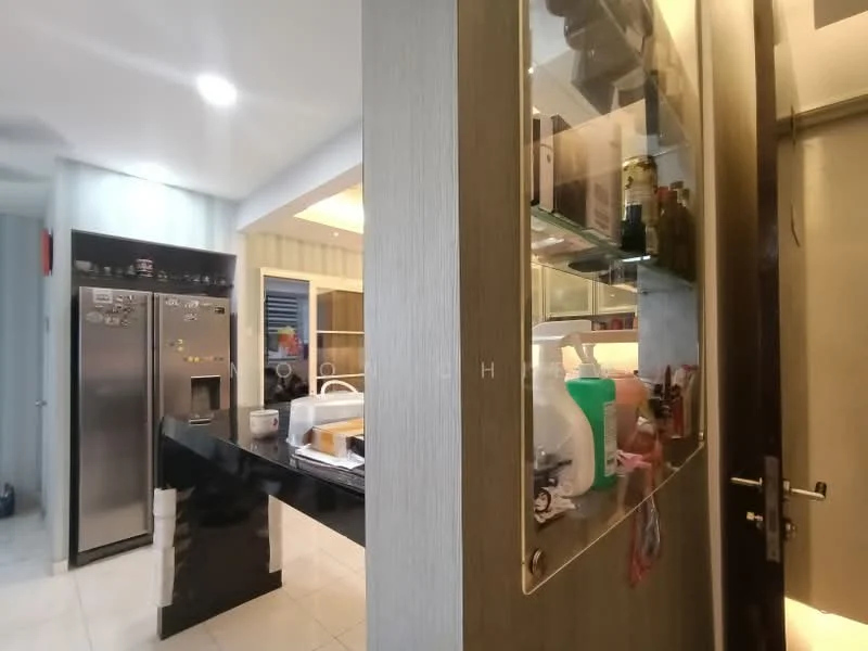 Kitchen features: black countertop, stainless-steel double-door fridge, built-in cabinetry, glass display shelves, white walls, recessed lighting, ceramic tile flooring, kitchen island, sink, various kitchen appliances, open layout; style: modern.