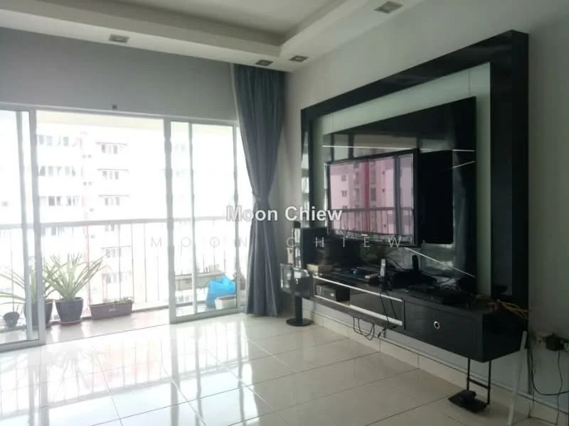 Living features: large floor-to-ceiling windows, sliding glass door, grey curtains, white painted walls, glossy tile flooring, black entertainment unit, wall-mounted TV, decorative wall paneling, indoor plants, recessed ceiling lights; style: modern; view: city.