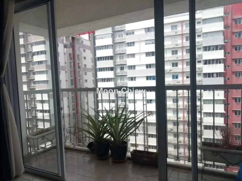Room features: glass sliding doors, balcony with tiled flooring, potted plants, metal railing, city view, high-rise building view; style: modern; view: city.