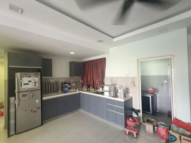 Kitchen features: grey cabinetry, white countertop, stainless-steel fridge, built-in oven, freestanding range oven, double-bowl stainless-steel sink, chrome pull-down faucet, tile backsplash, ceramic tile flooring, recessed downlights, ceiling fan, window with red curtains; style: modern.