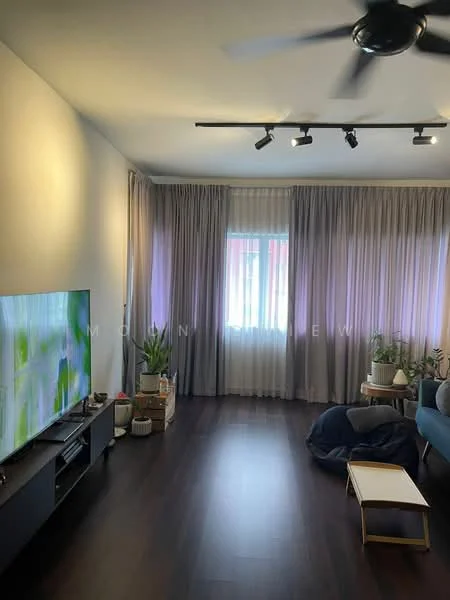 Living features: dark wood flooring, white painted walls, 5-blade ceiling fan with light, track lighting, floor-to-ceiling windows, sheer curtains, dark blue fabric sofa, TV console, wall-mounted TV, decorative houseplants, coffee table, area rug; style: modern.