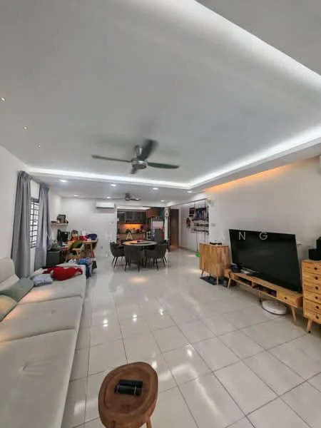 Living features: white painted walls, glossy tile flooring, 5-blade ceiling fan with light, recessed LED downlights, sofa in light color, wooden coffee table, wall-mounted TV, TV console, dining area visible in background, air conditioning unit, curtains, decorative wall art; style: modern.