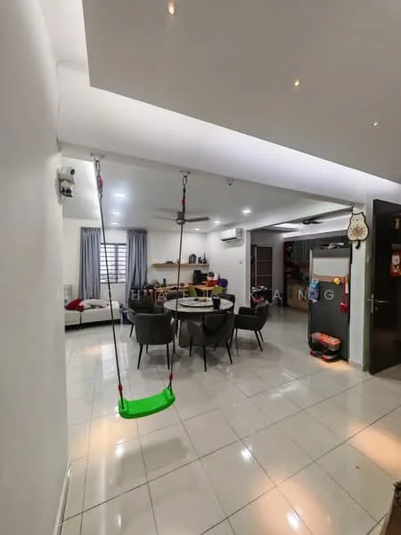 Living features: white painted walls, polished ceramic tile flooring, recessed downlights, 5-blade ceiling fan, floor-to-ceiling windows with sheer curtains, round dining table, upholstered dining chairs, swing hanging from ceiling, sofa in grey fabric, TV console, wall-mounted TV, decorative items on shelves; style: modern.