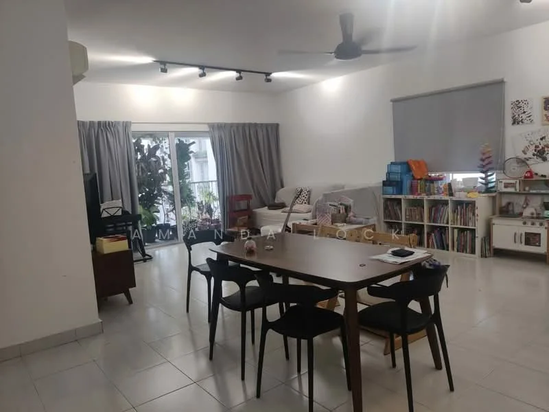 Living features: white painted walls, tile flooring, 5-blade ceiling fan, recessed downlights, floor-to-ceiling windows, sliding glass door, grey curtains, sofa with cushions, bookshelf with books, dining table with chairs, TV console, decorative wall art; style: modern; view: garden.