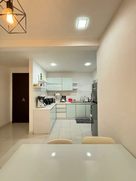 Kitchen features: white cabinetry, grey countertop, stainless-steel fridge, built-in oven, 4-burner gas hob, single-bowl stainless-steel sink, chrome pull-down faucet, white tiled backsplash, recessed LED downlights, ceramic tile flooring, open shelving, kitchen island, wall-mounted cabinets, microwave, dishwasher; style: modern.