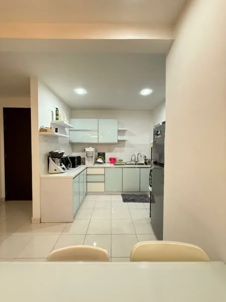 Kitchen features: light blue cabinetry, white countertop, stainless-steel fridge, built-in oven, microwave, black countertop, single-bowl stainless-steel sink, chrome pull-down faucet, ceramic tile flooring, recessed LED downlights, open shelving, white walls, grey kitchen mat; style: modern.