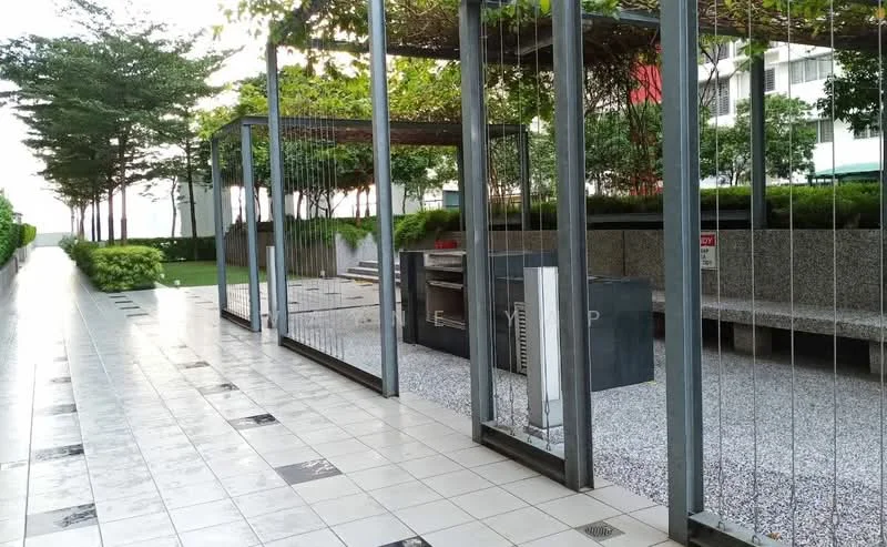 Exterior type: landscape garden; features: paved walkway, gravel area, outdoor BBQ pit, metal fencing, seating area, landscaped greenery, trees, planters, open-air design; style: modern.