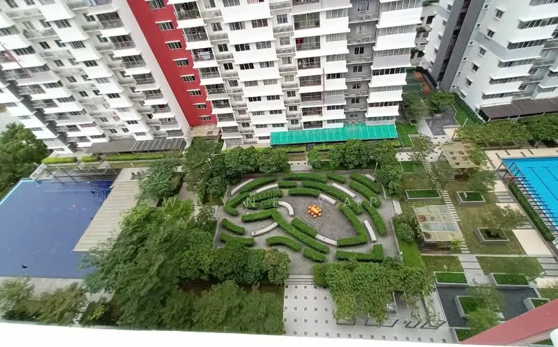 Exterior type: high-rise condominium; features: infinity pool, landscaped garden, manicured hedges, outdoor seating area with fire pit, children's playground, walking paths, pool deck, tropical landscaping, covered pavilion, tennis court; style: modern.
