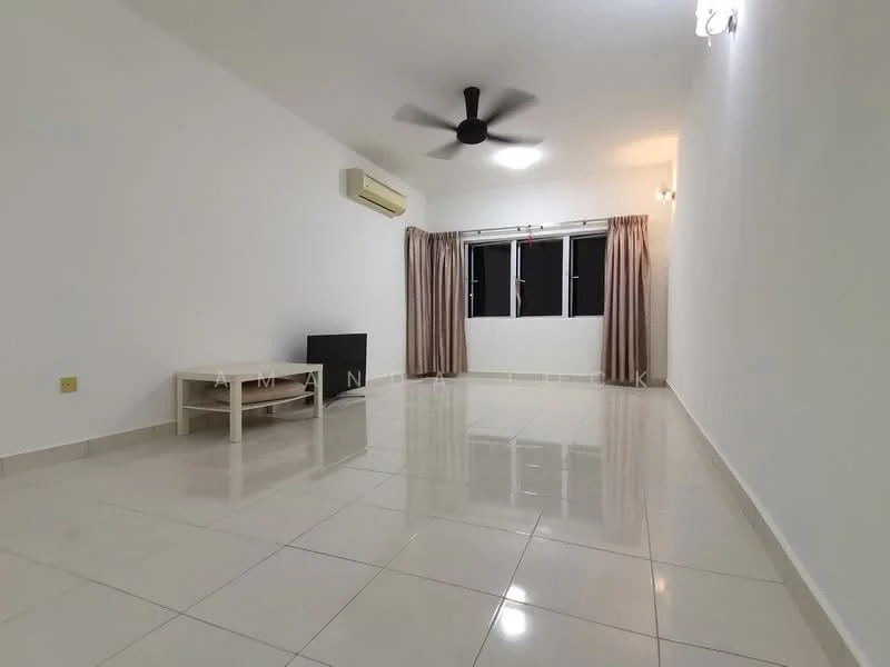Living features: white painted walls, glossy ceramic tile flooring, 5-blade ceiling fan, wall-mounted air conditioning unit, large windows with sheer curtains, TV console, neutral-colored curtains, recessed lighting; style: modern.