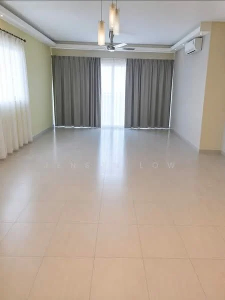Living features: light-colored walls, cream painted walls, large floor-to-ceiling windows, sheer curtains, blackout curtains, 5-blade ceiling fan with light, recessed downlights, porcelain tile flooring, air conditioning unit, open layout, neutral color palette, spacious area; style: modern.