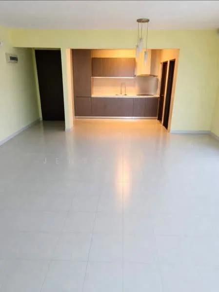 Living features: light beige painted walls, white ceiling, recessed downlights, large floor tiles in light grey, open layout to kitchen, kitchen with dark wood cabinetry, stainless-steel sink, countertop with under-cabinet lighting, pendant light fixture, sliding door to hallway, air conditioning unit on wall; style: modern. Kitchen features: dark wood cabinetry, stainless-steel sink, countertop with under-cabinet lighting, built-in oven, cooktop, extraction hood; style: modern.