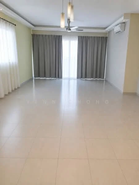 Living features: white painted walls, light grey curtains, sheer curtains, floor-to-ceiling windows, sliding glass door, 5-blade ceiling fan with light, recessed downlights, porcelain tile flooring, air conditioning unit; style: modern.