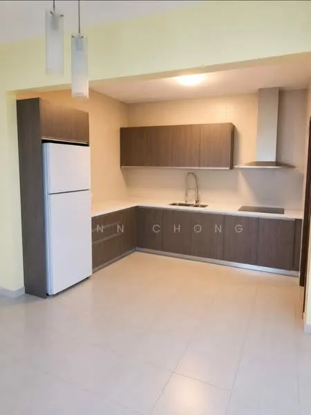 Kitchen features: white refrigerator, brown flat-panel cabinets, white countertop, stainless-steel sink, chrome pull-down faucet, stainless-steel range hood, ceramic tile flooring, recessed downlights; style: modern.