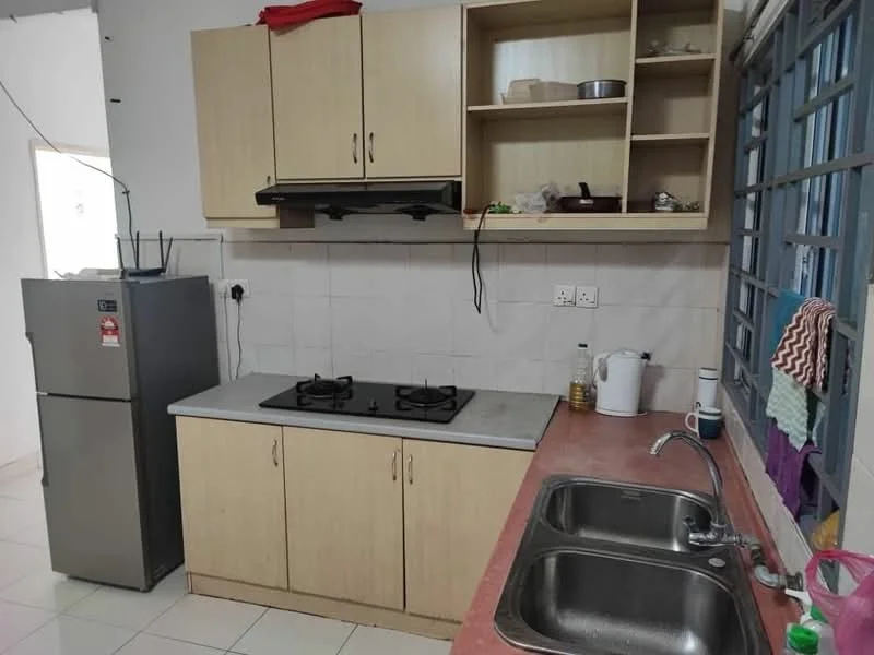 Kitchen features: light wood cabinetry, grey countertop, double-bowl stainless-steel sink, chrome pull-down faucet, 2-burner gas hob, stainless-steel fridge, white tiled backsplash, open shelving, window with metal grille, white tiled flooring; style: modern.