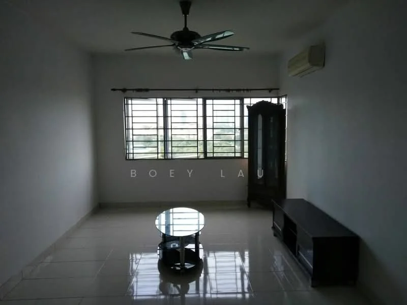 Living features: white painted walls, glossy ceramic tile flooring, 5-blade ceiling fan, floor-to-ceiling windows, curtains, coffee table, TV console, wooden cabinet, air conditioning unit; view: city.