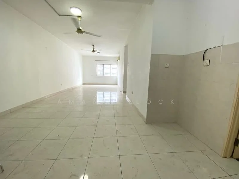 Room features: white painted walls, glossy ceramic tile flooring, ceiling fan, large windows, neutral color scheme, natural light, corner room, no visible furniture; style: modern.