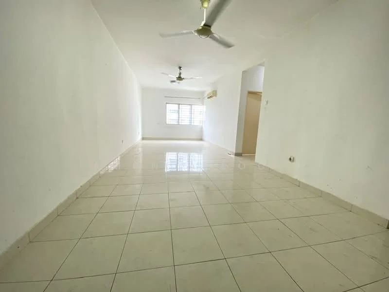Living features: white painted walls, glossy ceramic tile flooring, 2 ceiling fans, large window with blinds, air conditioning unit, neutral color scheme, open layout, no visible furniture; style: minimalist.