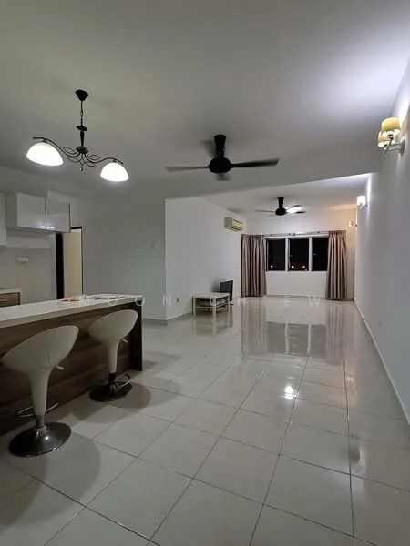 Living features: white painted walls, glossy ceramic tile flooring, 2 ceiling fans, recessed downlights, large window with city view, curtains, open layout to kitchen, dining area with bar stools, wall-mounted air conditioning unit; style: modern; view: city. Kitchen features: kitchen island with seating, white cabinetry, stainless-steel appliances, open layout to living area; style: modern.
