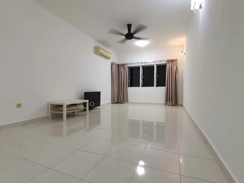 Living features: white painted walls, glossy ceramic tile flooring, 5-blade ceiling fan with light, wall-mounted air conditioning unit, large windows with sheer curtains, TV console, neutral-colored curtains, recessed lighting; style: modern.