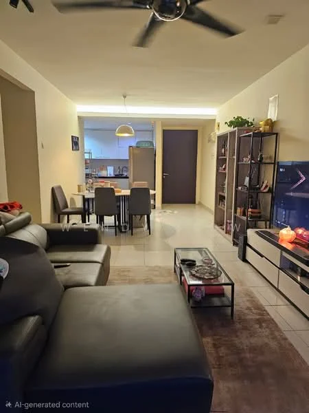 Living features: 3-seater leather sofa in black, coffee table with glass top, area rug with neutral color, wall-mounted TV, entertainment unit, ceiling fan, recessed lighting, decorative plants, wall shelves, light-colored walls, tile flooring; style: modern. Dining features: dining table for 6, upholstered dining chairs, pendant lamp above table, open kitchen layout, light-colored walls, tile flooring; style: modern.