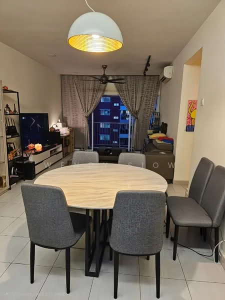 Dining features: round dining table, 6 upholstered dining chairs in grey, pendant lamp with warm light, wall-mounted TV, TV console, floor-to-ceiling windows, curtains, air conditioning unit, decorative items on shelves, light-colored walls, tile flooring; style: modern; view: city.