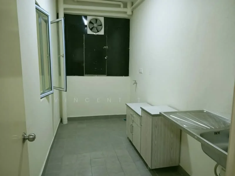 Laundry features: grey tiled flooring, white painted walls, single-bowl stainless-steel sink, wooden cabinetry, window with metal frame, exhaust fan, plumbing fixtures, countertop next to sink.