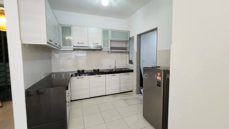 Kitchen features: white and grey cabinetry, black granite countertop, stainless-steel sink, chrome pull-down faucet, built-in oven, 2-burner gas hob, refrigerator, ceramic tile flooring, white tiled backsplash, overhead cabinets, under-cabinet lighting, wall-mounted exhaust hood; style: modern.