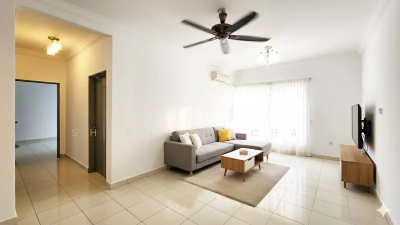 Living features: 3-seater fabric sofa in grey, coffee table, TV console, wall-mounted TV, area rug, 5-blade ceiling fan, recessed downlights, floor-to-ceiling windows with sheer curtains, cream painted walls, tile flooring, decorative wall clock; style: modern. Room features: doorway leading to hallway, doorway leading to another room.