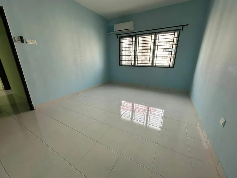 Room features: light blue painted walls, white ceramic tile flooring, 1 wall-mounted split AC, black-framed windows with horizontal bars, no visible furniture or decor; style: modern.