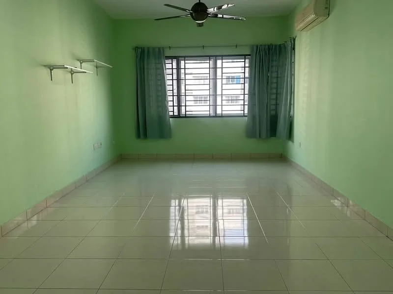 Room features: green painted walls, white ceiling, floor-to-ceiling windows, curtains in light blue, ceramic tile flooring, 1 ceiling fan, shelving units on walls, air conditioning unit; style: modern.