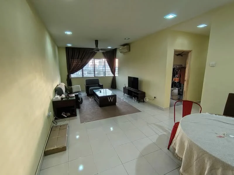 Living features: cream painted walls, white tiled flooring, 5-blade ceiling fan with light, sofa in grey, coffee table, TV console, wall-mounted TV, area rug, curtains, air conditioning unit; style: modern. Dining features: round dining table, upholstered dining chairs; style: modern.