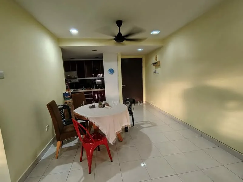 Dining features: round dining table, 4 dining chairs, 2 red plastic chairs, white tablecloth, ceiling fan, recessed LED downlights, cream painted walls, tile flooring; style: modern. Kitchen features: dark cabinetry, stainless-steel appliances, open layout to dining area; style: modern.
