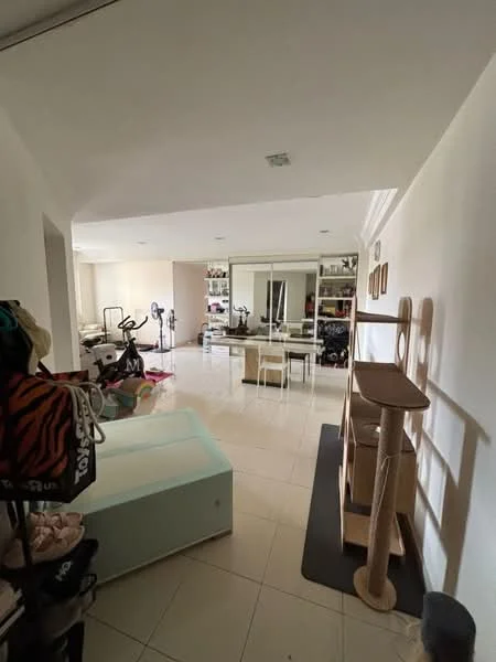 Room features: white painted walls, tile flooring, large mirror, built-in wardrobe, exercise equipment, cat tree, dining table with chairs, open space layout; style: modern.