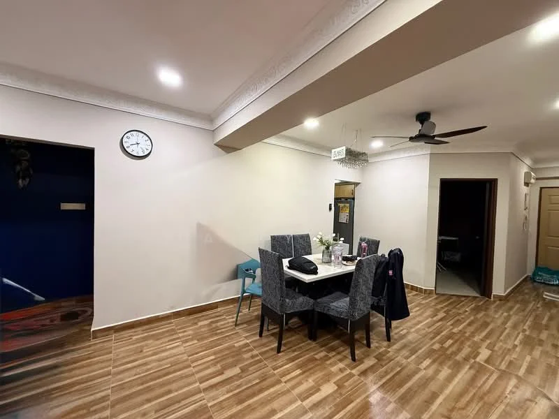 Dining features: dining table with 6 chairs, grey upholstered chairs, wooden flooring, white painted walls, ceiling fan with light, wall clock, decorative light fixture, doorway leading to another room, blue accent wall visible, area rug; style: modern.