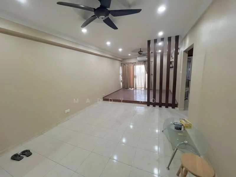 Living features: white painted walls, glossy ceramic tile flooring, 5-blade ceiling fan, recessed downlights, large windows with sheer curtains, wooden feature wall, open layout, glass coffee table, slippers on floor, wooden platform area, neutral color scheme; style: modern.