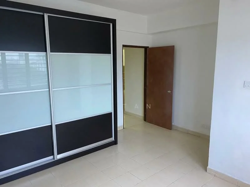 Room features: sliding wardrobe with black and white panels, plain white walls, cream tiled flooring, wooden door, window with grid pattern, doorway leading to another room; style: modern.