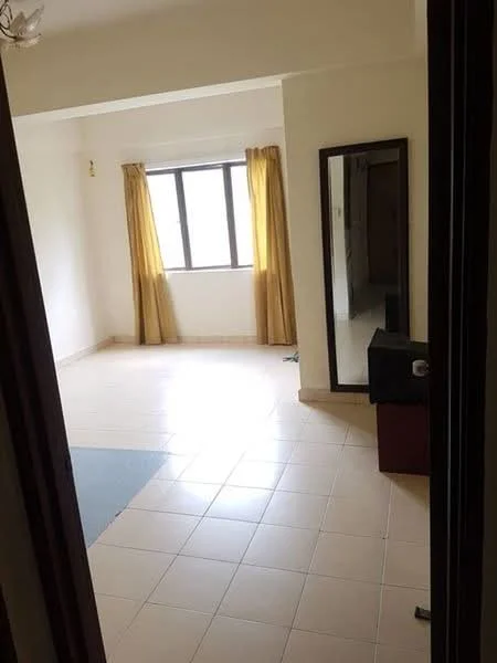 Room features: cream painted walls, tiled flooring, large window with city view, yellow curtains, full-length mirror, dark wood furniture, light fixture on ceiling; style: modern; view: city.