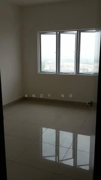 Room features: white painted walls, glossy ceramic tile flooring, floor-to-ceiling windows, city view, no visible furniture, neutral color scheme, single light fixture, corner room; style: modern; view: city.