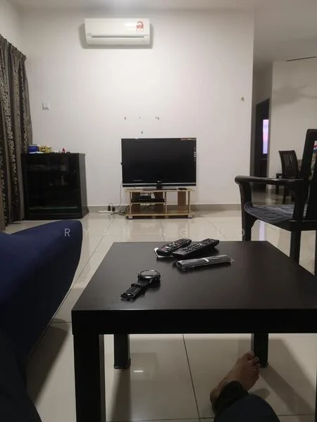 Living features: wall-mounted TV, black TV console, coffee table, 3-seater sofa in blue, dining table with chairs, air conditioning unit, ceramic tile flooring, curtains with pattern, remote controls on table, decorative items on console; style: modern.