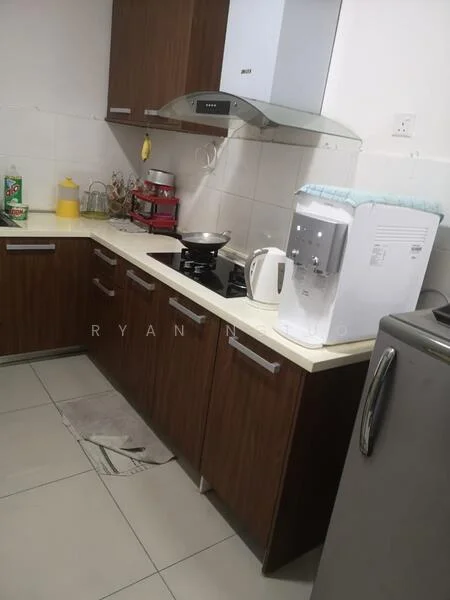 Kitchen features: brown wooden cabinetry, white countertop, stainless-steel sink, chrome pull-down faucet, built-in gas stove, exhaust hood, microwave, water dispenser, refrigerator, ceramic tile flooring, white tiled backsplash, kettle, cooking pot, various kitchen utensils; style: modern.