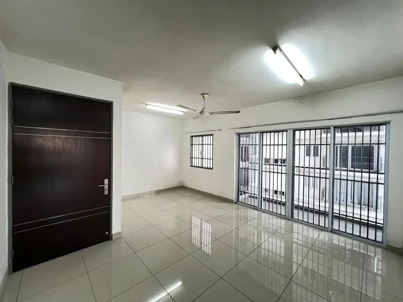Living features: white painted walls, polished ceramic tile flooring, ceiling fan, 2 sliding glass doors, window with metal bars, flush wooden door, LED ceiling lights; style: modern.