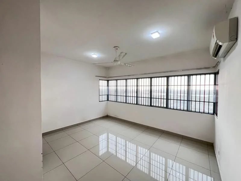 Room features: white painted walls, glossy ceramic tile flooring, 5-blade ceiling fan with light, wall-mounted split AC, floor-to-ceiling windows, black metal window grills, neutral color scheme, recessed ceiling lights; style: modern; view: city.