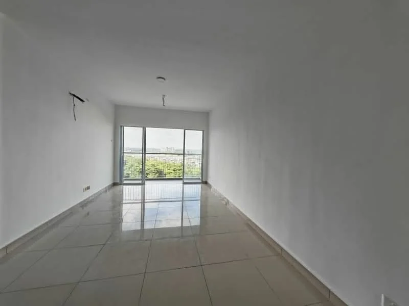 Living features: white painted walls, glossy ceramic tile flooring, floor-to-ceiling windows, sliding glass door, natural light from windows, ceiling light fixture, neutral color palette, open layout; style: modern; view: garden.