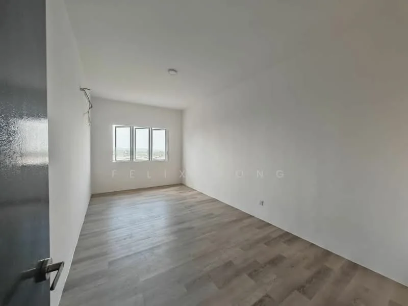 Room features: white painted walls, laminate flooring, three windows with city view, ceiling light fixture, door with modern handle; style: modern; view: city.