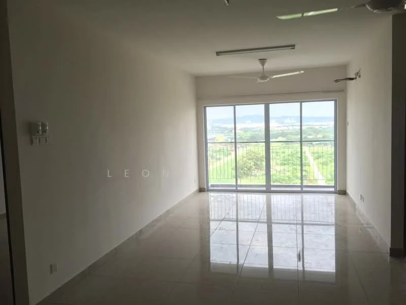 Living features: white painted walls, polished marble flooring, 5-blade ceiling fan, floor-to-ceiling windows, sliding glass door, city view, natural light, open layout; style: modern; view: city.