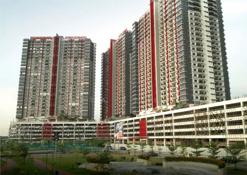 Exterior type: high-rise condominium; features: glass curtain wall, red and grey facade, multiple balconies, parking deck, surrounding greenery, swimming pool area, tennis court, children's playground; style: modern.