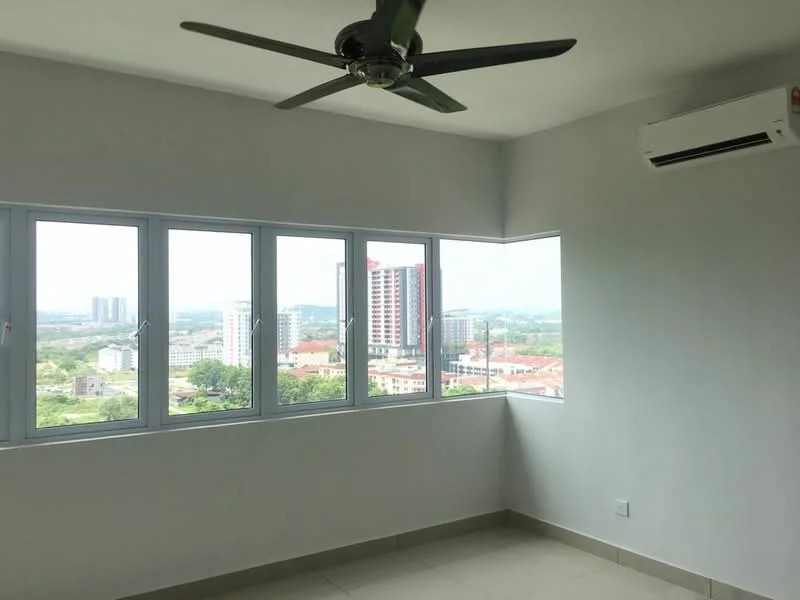Room features: floor-to-ceiling windows, white painted walls, ceiling fan, wall-mounted split AC, tile flooring, city view; style: modern; view: city.