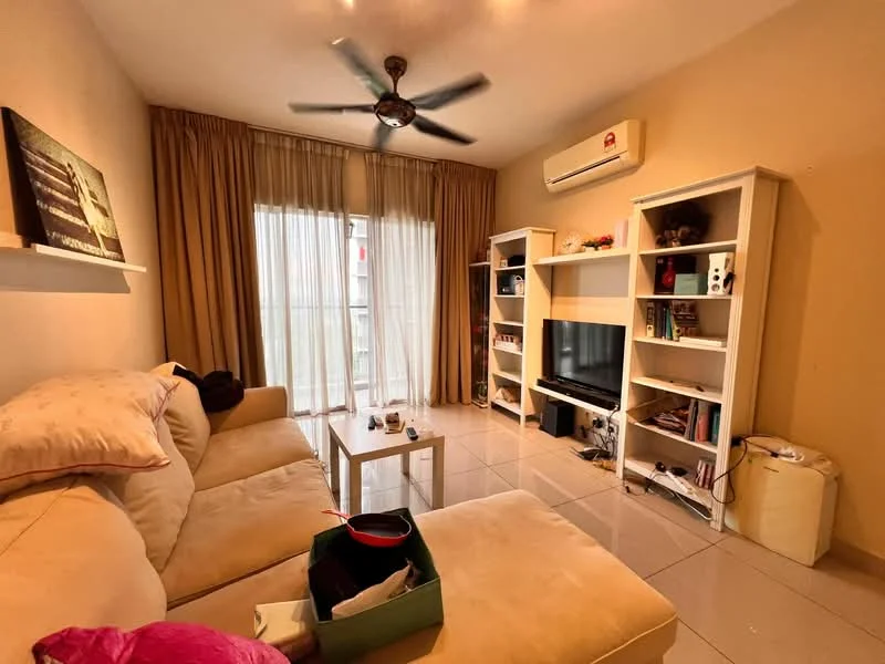 Living features: 3-seater fabric sofa in beige, ceiling fan with light, flat-screen TV on stand, white open shelving units, cream painted walls, large floor-to-ceiling windows with sheer curtains, tile flooring, decorative wall shelf, coffee table, air conditioning unit on wall; style: modern.